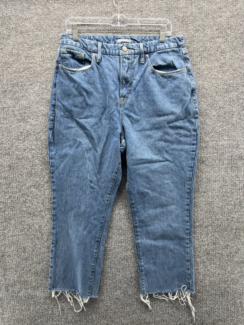 Good American Jeans Womens 14 Blue Medium Wash Relaxed Cropped Raw Hem Denim
